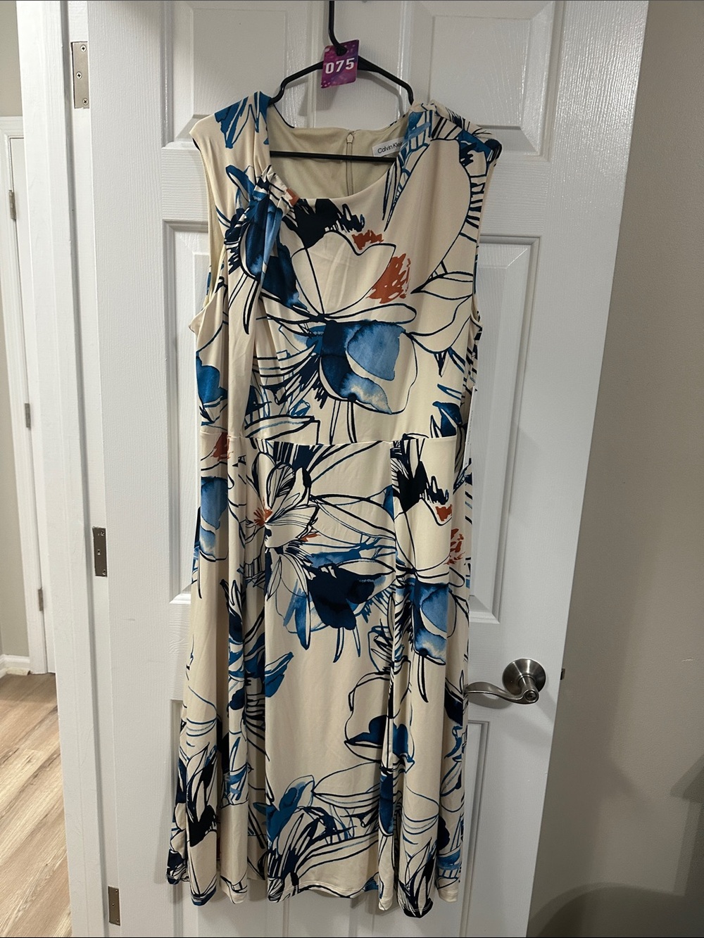 Calvin Klein Cream Midi Dress with Blue & Black Floral Print